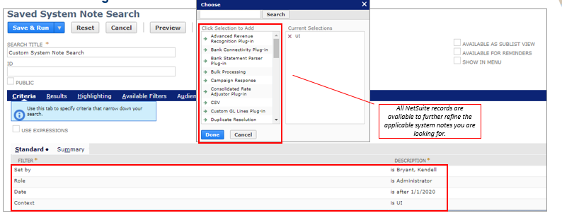 NetSuite Saved System Note Search
